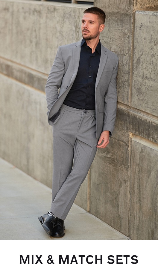 khaki pants grey suit jacket