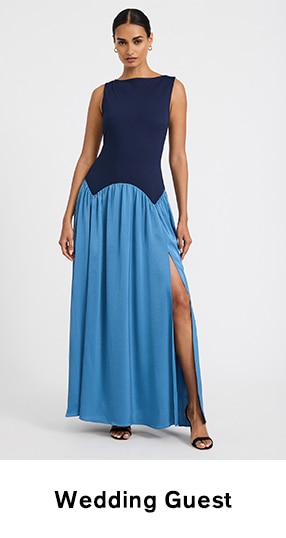 express blue dress Printed V-neck Pleated Cross Back Maxi side cutout details Women's Blue Midi Dresses -